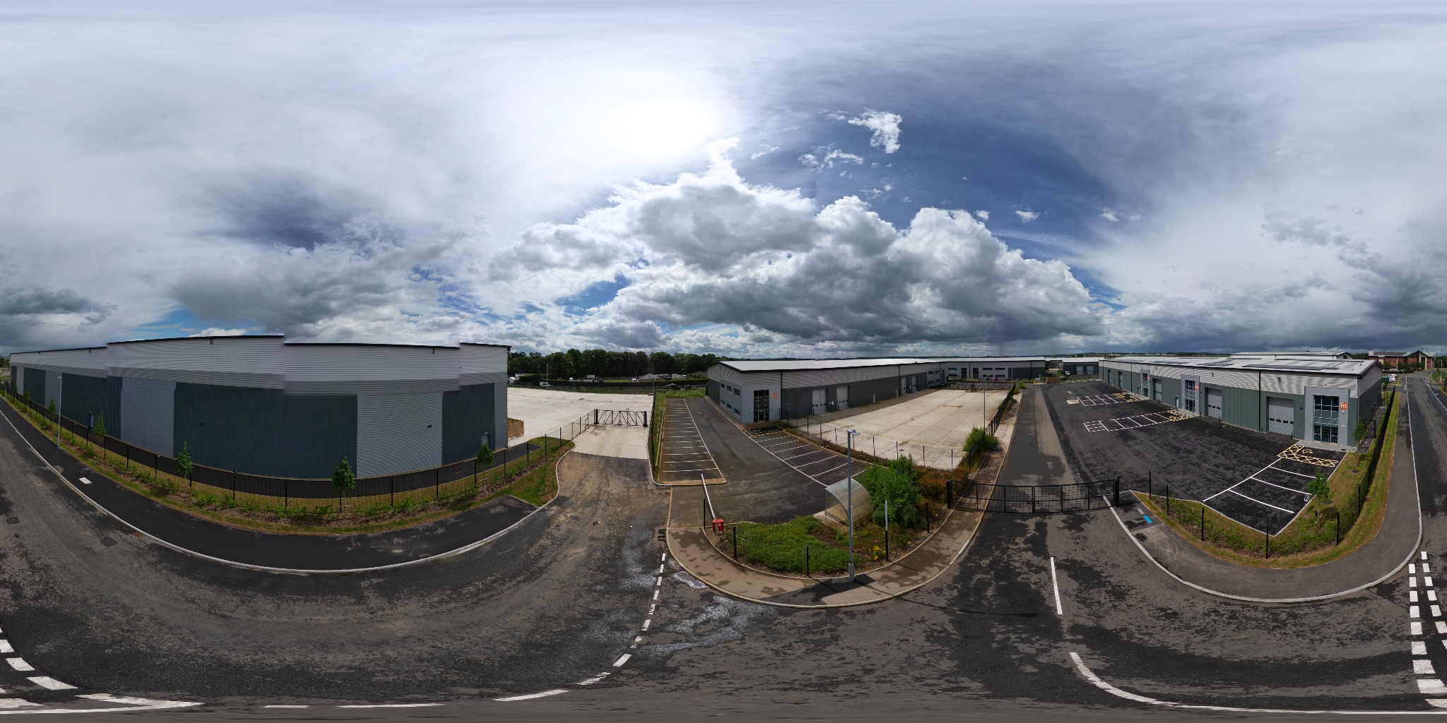 Aerial panorama photographed by TomExt over a Northamptonshire commercial site